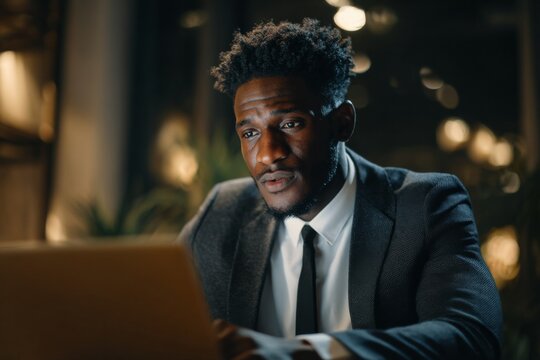 Person dressed in formal wear sitting in front of laptop on video call, focused expression, clean background with interview-ready vibe