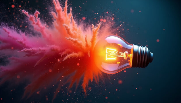 Illuminated Light Bulb with Vibrant Smoke Explosion in Darkness
