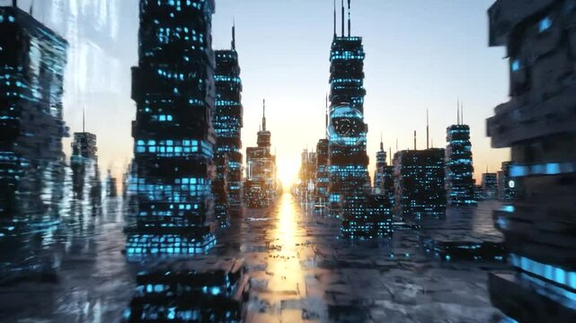 Modern city manhattan skyline, digital city with sunrise