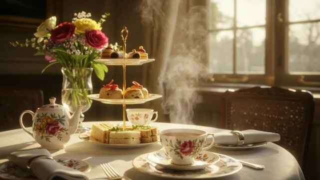 Elegant high tea service featuring delicate sandwiches, cakes and floral teaware arrangement