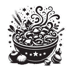Hearty Soup or Stew in a Bowl with Ingredients - Black and White Illustration