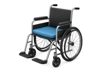 Fototapeta premium Medical wheelchair rendering, featuring sleek design with blue padded seat, supporting mobility needs on transparent background