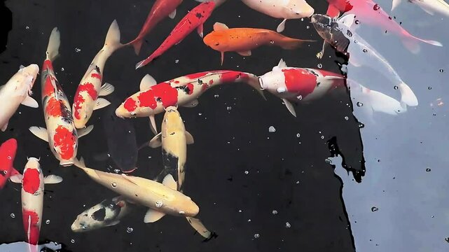 A group of colorful koi fish in a clear water pond with morning weather