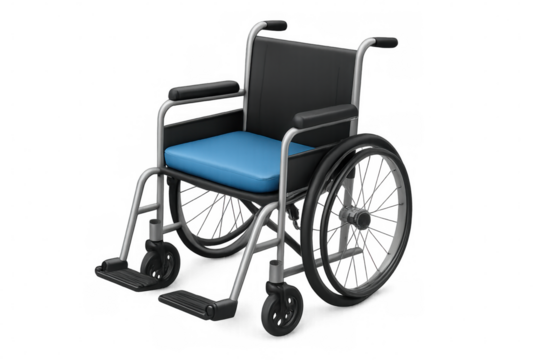Medical wheelchair rendering, featuring sleek design with blue padded seat, supporting mobility needs on transparent background