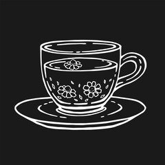 Glass cup of tea, chamomile. Hand drawn vector illustration in outline style.