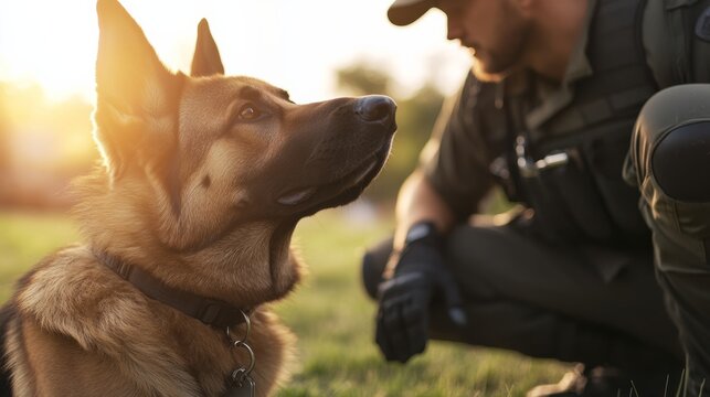 K9 unit drug sniffing dog training outside with police officer, focused dog sniffing ground, professional training gear,