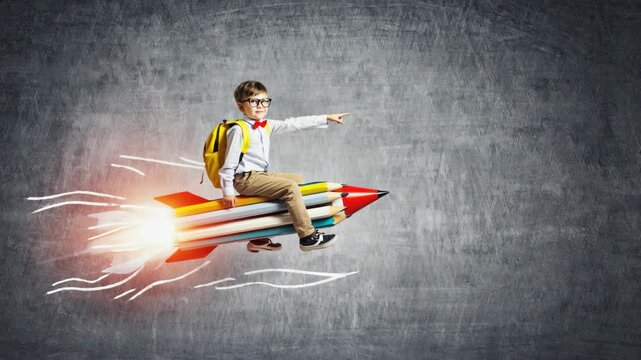 Cute caucasian boy with backpack flying on rocket made with pencils. Back to school concept