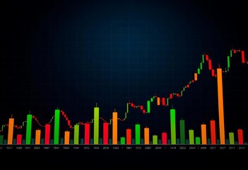 Dark background bar & candlestick chart visualizing stock market financial data,  portfolio,  market trends