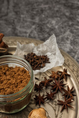 Spices for Indian masala chai tea on a metal try