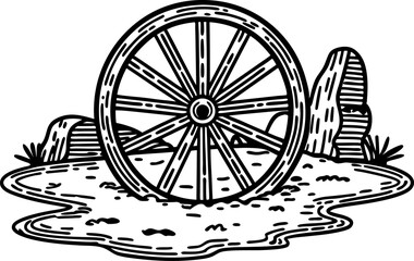Fototapeta premium Old wooden wagon wheel resting on muddy ground with surrounding stones and grass in black and white illustration
