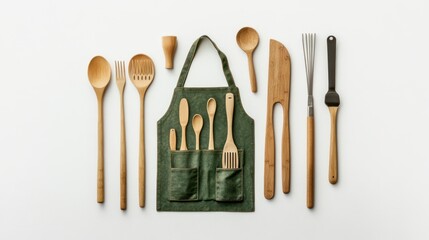 Kitchen utensils and apron laid out