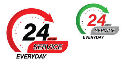 24 Hours Service Everyday Icon – Red and Green Clock Badge Vector Design