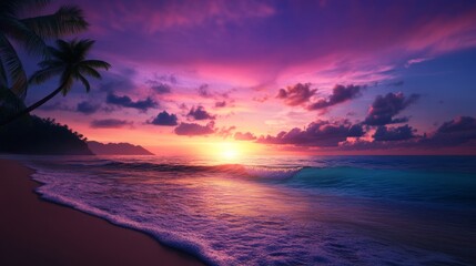 romantic sunset beach with silhouettes, soft clouds and calm waves
