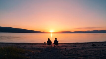 Fototapeta premium silhouette of couple sitting on beach during twilight, peaceful sea view