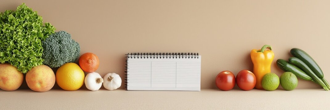 Fresh vegetables and fruits arranged on a table with a blank spiral notebook in the center, ready for meal planning or recipes.