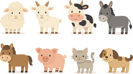 Farm animals set in flat style isolated on white background. Vector illustration. Cute cartoon animals collection: sheep, goat, cow, donkey, horse, pig, cat, dog