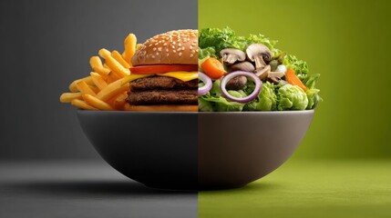 Conceptual image of food choice with half bowl of fast food and half bowl of fresh salad on contrasting background perfect for health awareness campaigns and nutrition visuals