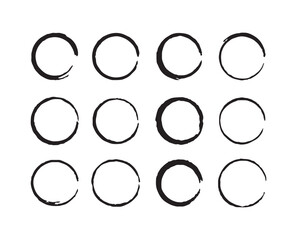 Set of Hand-Drawn Ink Circle Brush Strokes Isolated on White Background