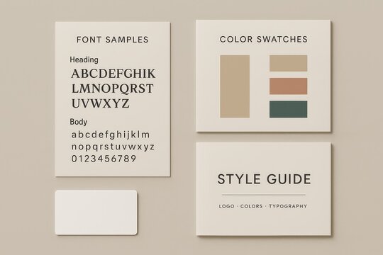 Brand identity style guide layout with font samples and color swatches on neutral background