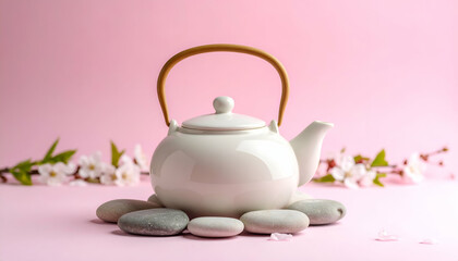 Serene Teapot Arrangement with Tranquil Stones on Soft Pink Background