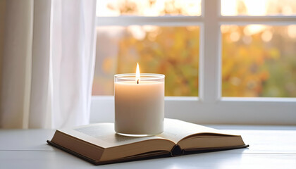 Serene Still Life with Candle and Book by Window in Soft Light
