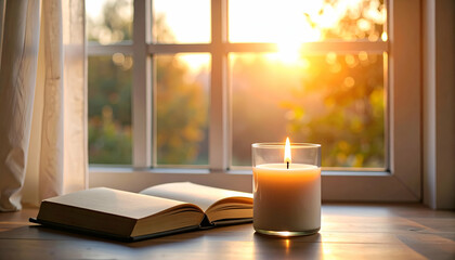 Serene Still Life with Candle and Open Book by Window Light