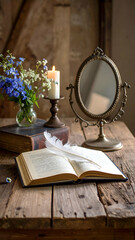 Introspective Still Life with Open Book, Candle, and Mirror