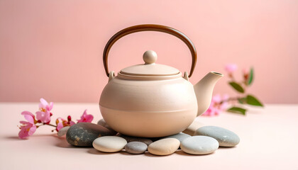 Serene Teapot with Tranquil Stones and Blossoms on Soft Background