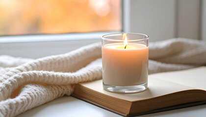 Solitary Candle on Open Book with Cozy Background Ambiance