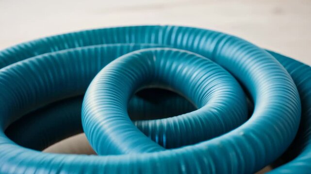 Turquoise corrugated plastic pipe rotating against pristine white background, showcasing industrial design and material flexibility with smooth circular motion