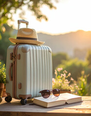 Serene Travel Scene with Luggage, Hat, Book, and Sunglasses