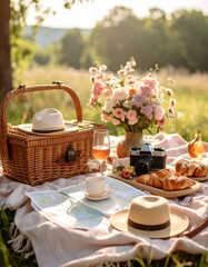 Serene Outdoor Picnic with Pastel Colors and Photography Setup