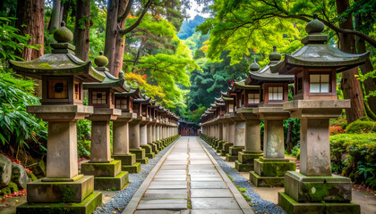 Serene Pathway Through Traditional Lanterns at Scenic Shrine Route