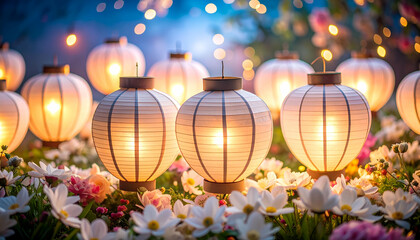 Enchanting Still Life of Paper Lanterns Illuminated in Floral Setting