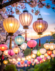 Captivating Photography of Intricate Paper Lanterns Under Blossoms