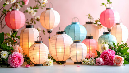 Beautiful Still Life Arrangement of Colorful Lit Paper Lanterns