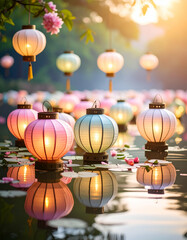 Artistic Arrangement of Pastel Paper Lanterns with Reflections