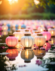 Beautiful Pastel Paper Lanterns Reflecting on Water at Sunset