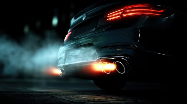Close-up of car exhaust pipes glowing with flames and smoke at night on dark street perfect for tuning culture visuals, speed and performance themes or automotive marketing