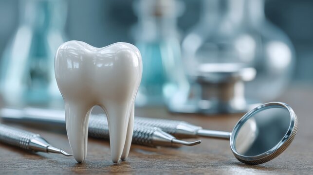Dental tools and artificial tooth model on a wooden table with blurred blue lab background perfect for dentistry branding, oral hygiene education and medical service visuals - Powered by Adobe