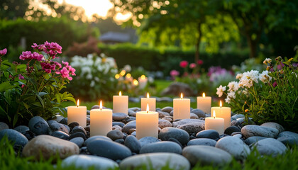 Serene Garden Setup with Candles for a Tranquil Ritual Experience