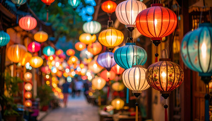 Vibrant Still Life Scene with Glowing Lanterns in Colorful Streets