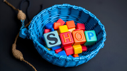Blue bailer and colorful cubes with a word SHOP.