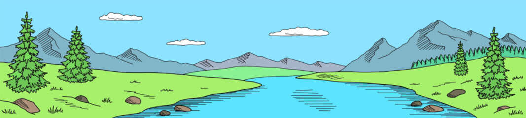 Mountain river graphic color landscape long sketch illustration vector 