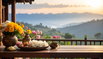 Serene Countryside Temple Visit with Flowers and Still Life Photography