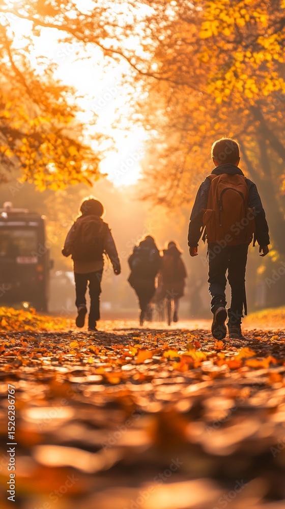 Poster elementary school students walking and running on a path covered with fallen autumn leaves, backlit 