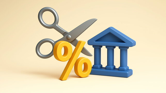 Scissors cutting bank debt bills and invoices symbolizing reducing financial burden business cost cutting budget management and tax reduction or financial solution to salary cut