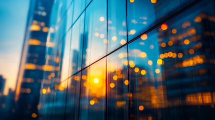 Abstract bokeh, building and blurred architecture background for design, finance and financial business center. Colorful, urban city and glow reflection mockup for investment, economy and wallpaper