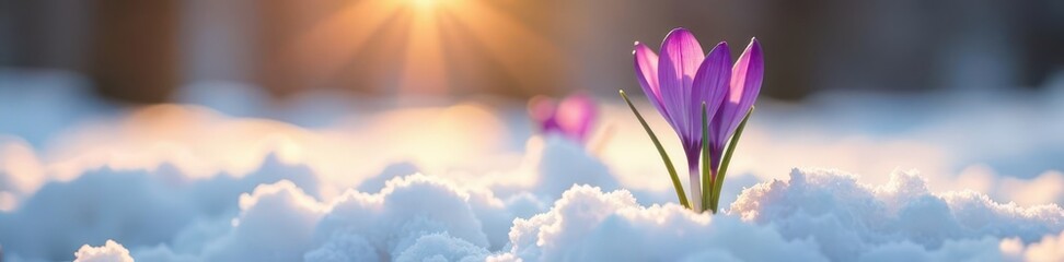 Single purple crocus pushing through snow, bathed in spring sunlight , day, crocus, violet
