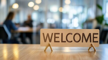 Fototapeta premium Welcome sign on a table in a modern office